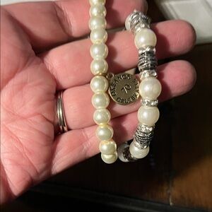 Pearl Bead Stretch Bracelet Set with Silver Accents 1359